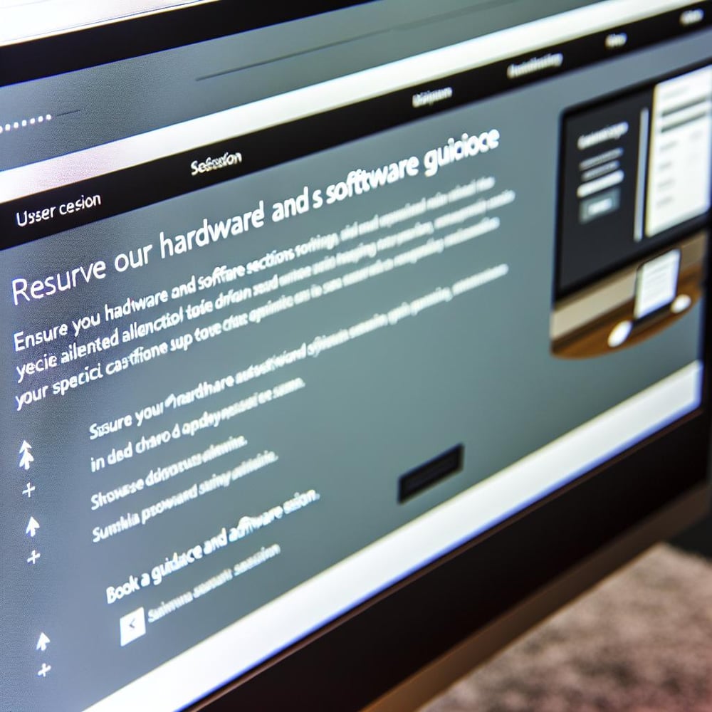 A computer screen displaying a webpage with options to book a hardware and software guidance session